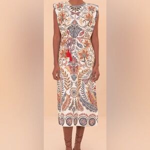 FARM Rio Ivory Midi Dress with Orange, Blue and Red Paisley Print